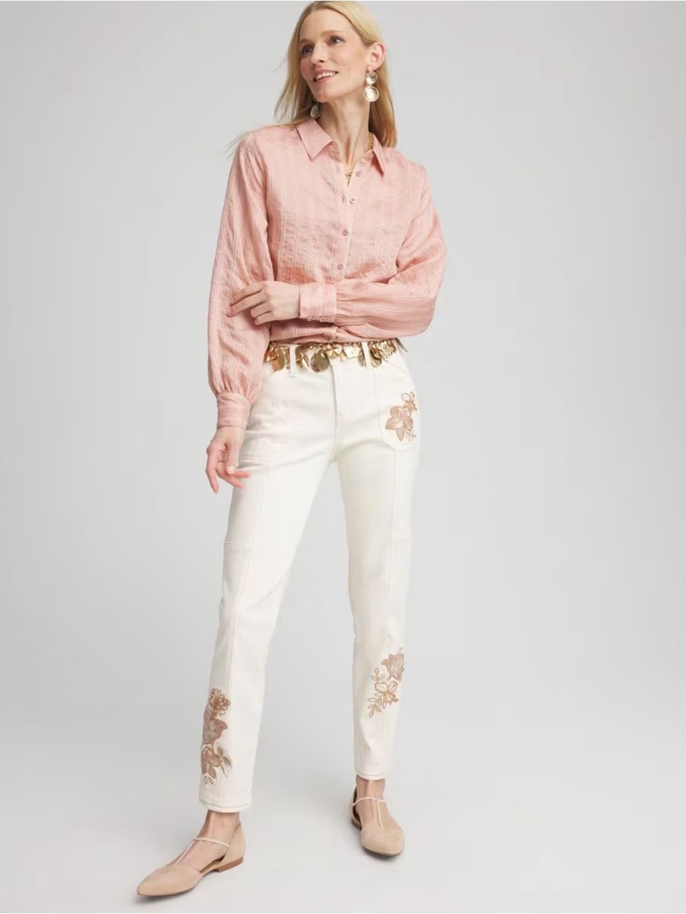 CHICO'S Pink Classic Soft Button-Front Stripe Preppy Blouse Large